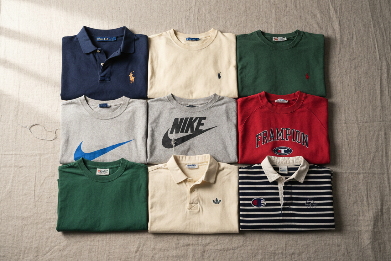 Flat lay second hand t-shirt e polo mix brand vintage