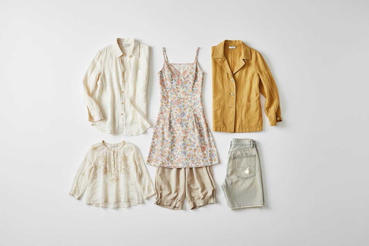 Mix di abbigliamento vintage estivo e primaverile, stile minimal