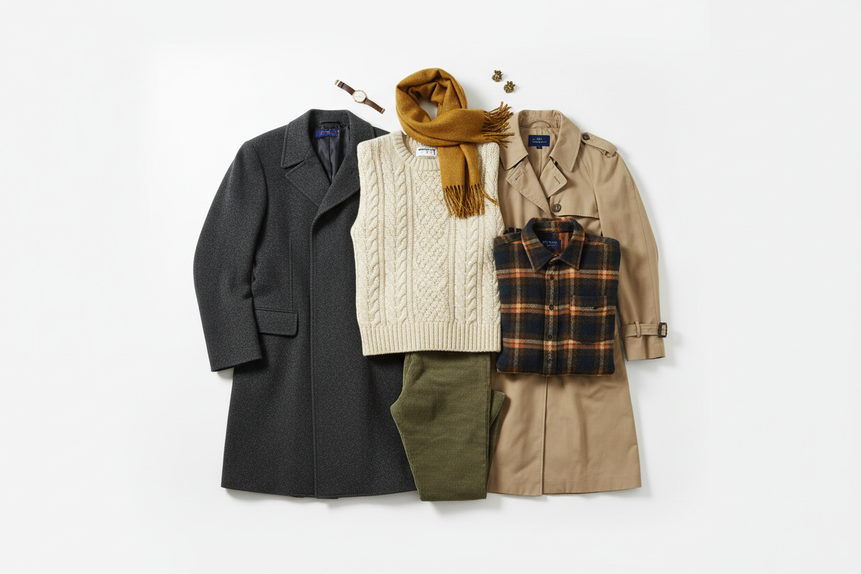 Mix di abbigliamento vintage invernale e mezza stagione, stile minimal