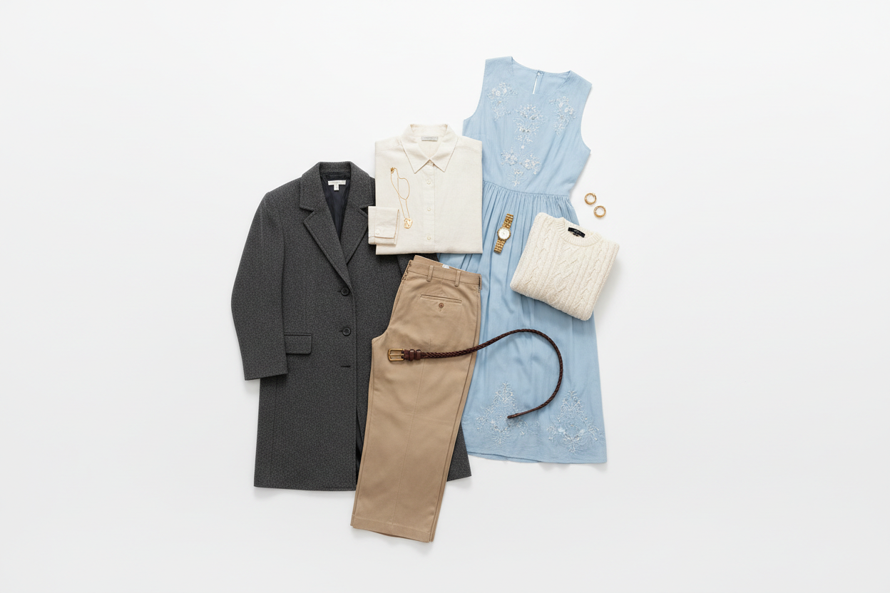 Mix di abbigliamento vintage uomo e donna, stile minimal
